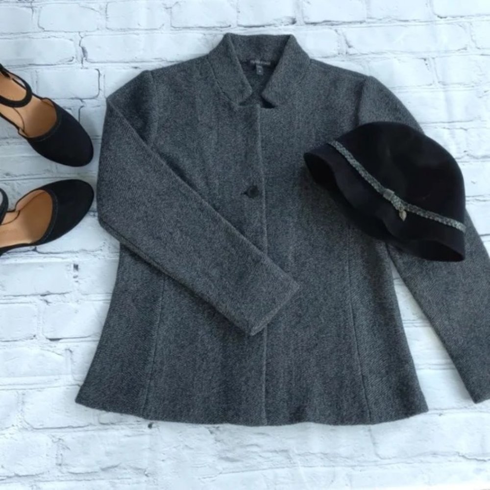 Eileen Fisher Blazer Jacket Knit Wool Cotton Herringbone Grey